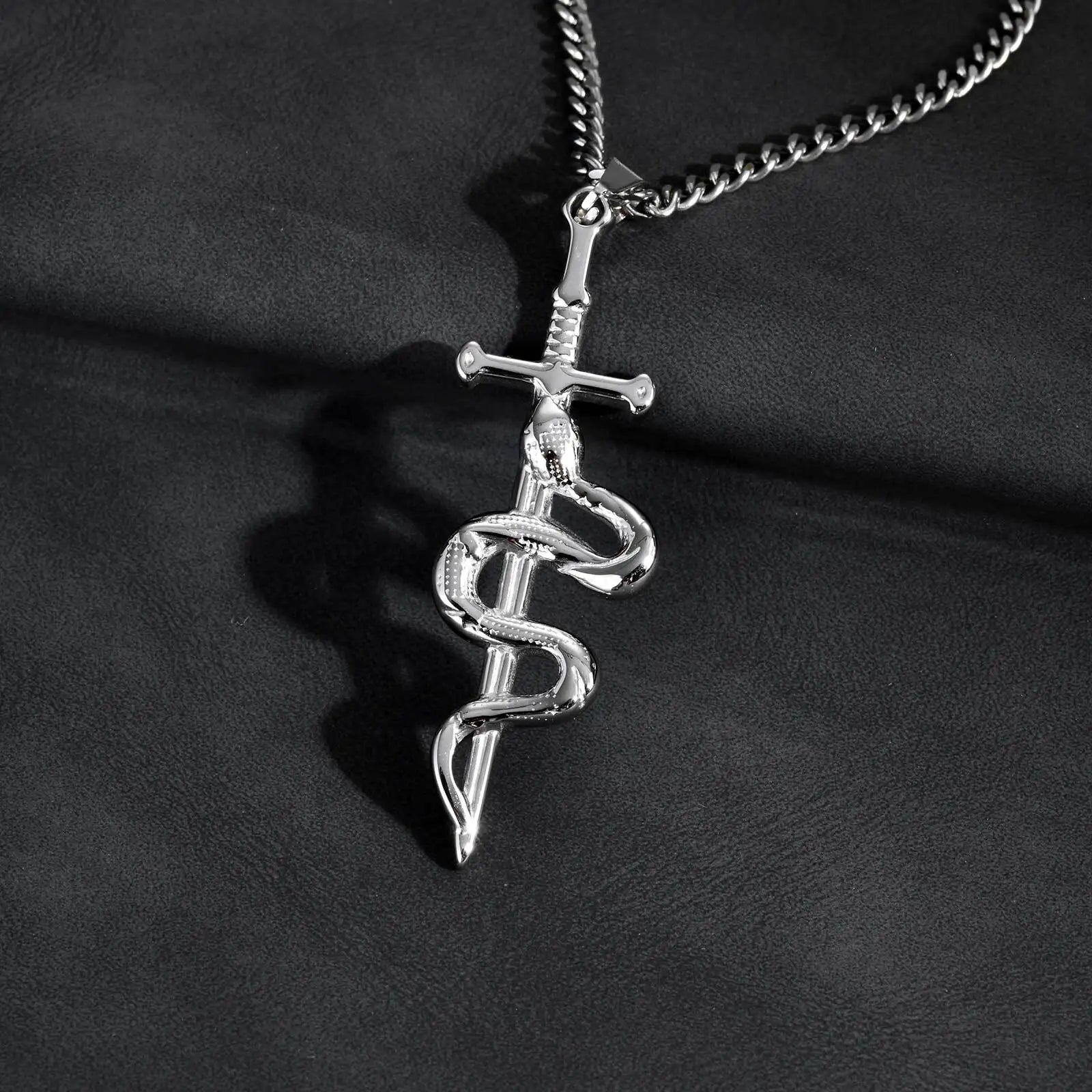 Punk Sword Necklace for Men Boys,Cross Snake Pendant Necklace with 60CM Cuban Chain,Gothic Jewelry Gift