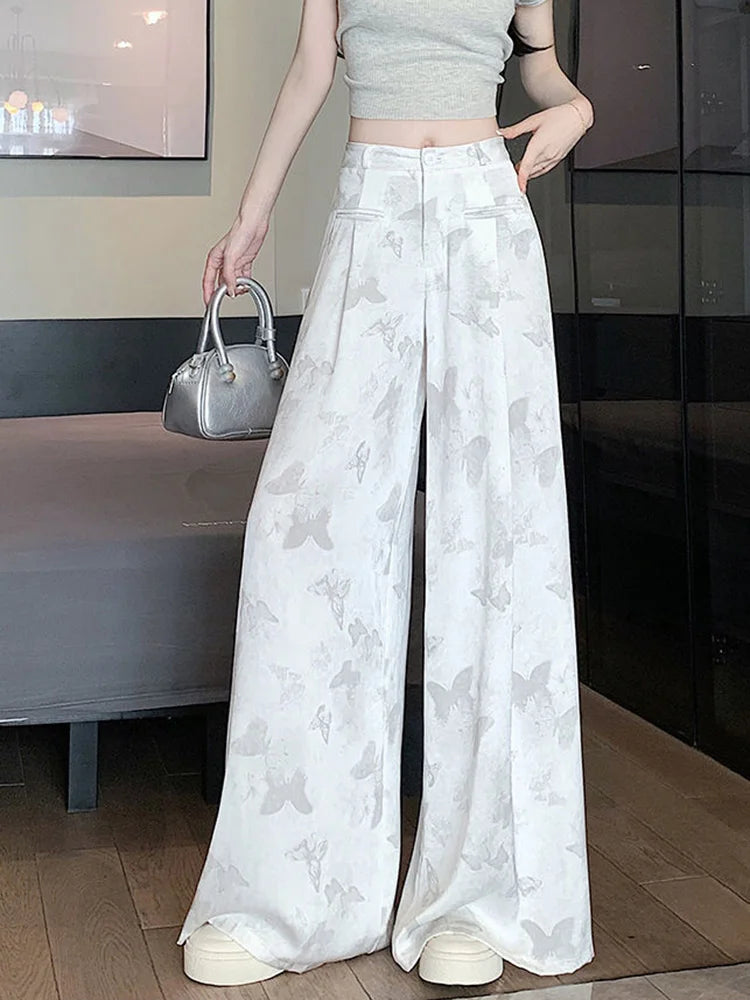 Zoki Bufferfly Print Satin Wide Leg Pant Women Loose Elegant Fashion High Waist Korean Trousers Casual Sweet High Quality Pants