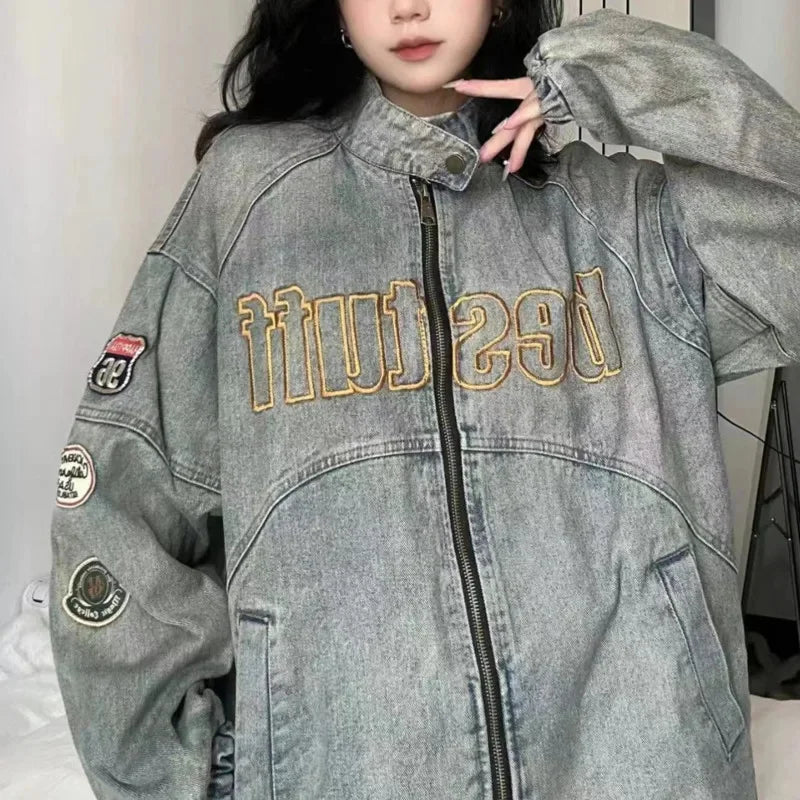 Unisex Embroidered Design Vintage Denim Jacket High Street Loose Coats Hip Hop Stand Collar Baseball Jacket for Women