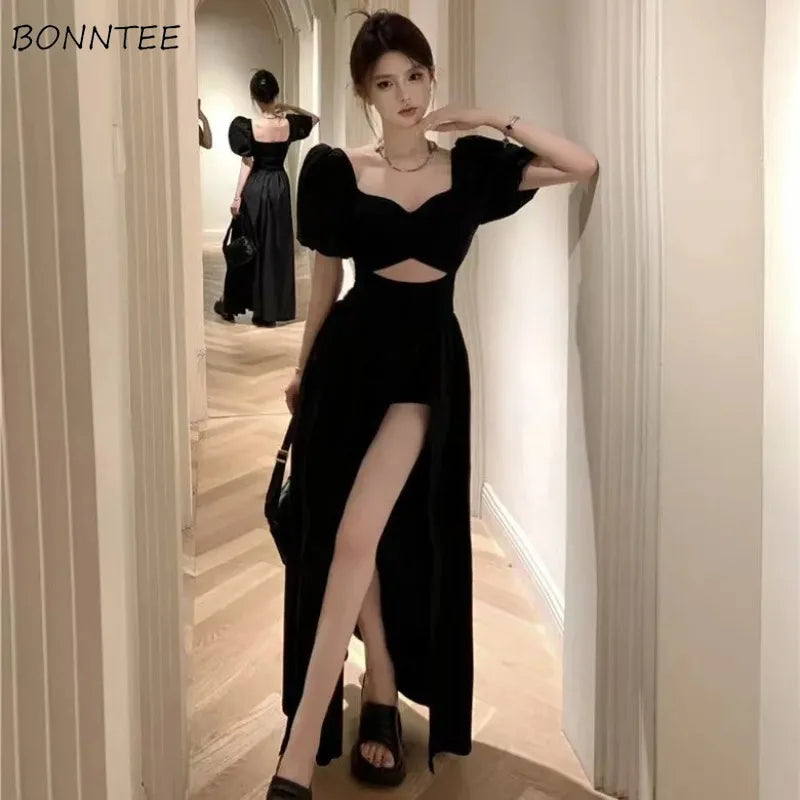 Short Puff Sleeve Black Dress Women Hollow Out Design Split Square Collar Temper Korean Style Fashion Ladies Attractive Ulzzang