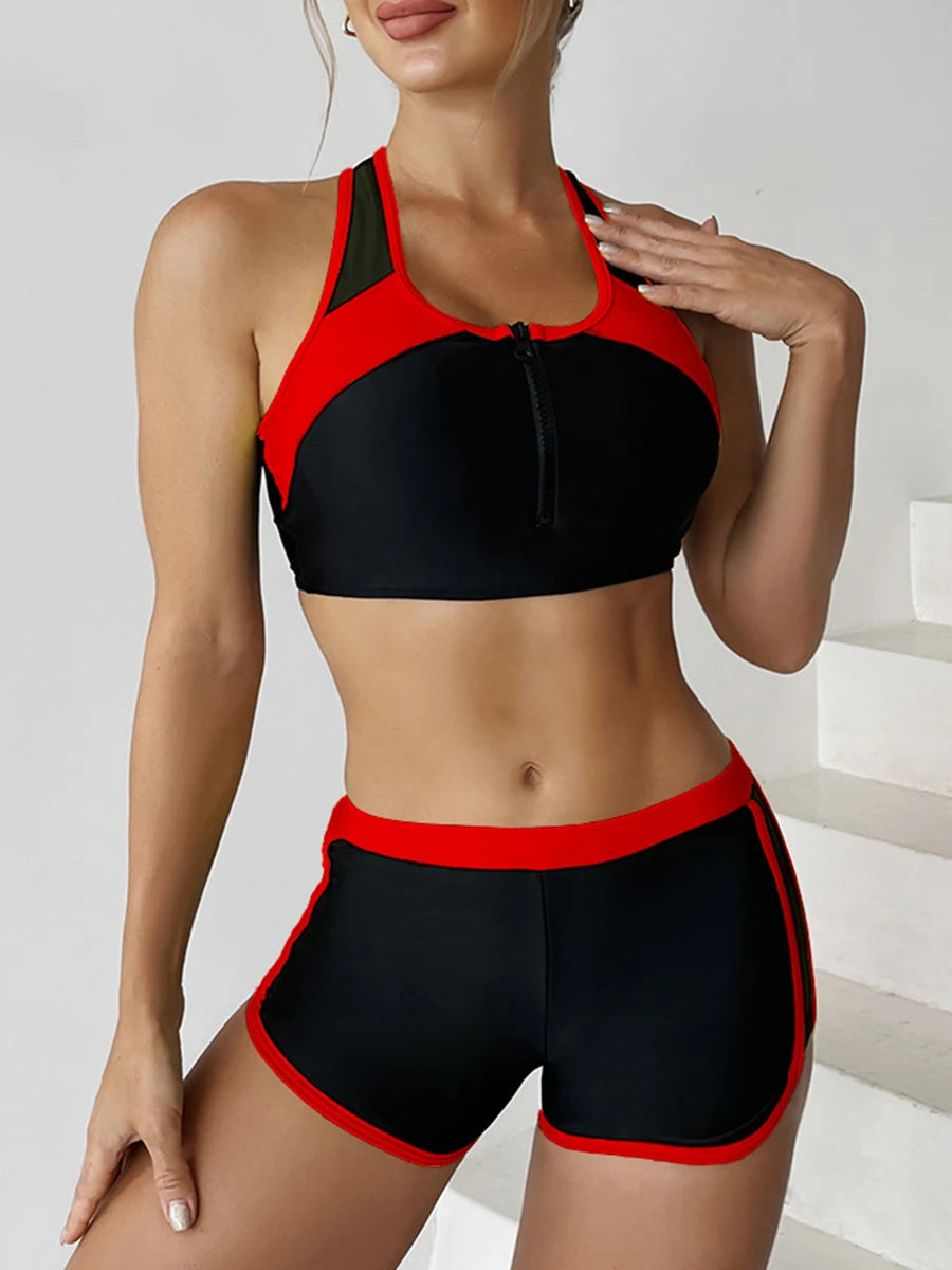 2025 Zipper Bikini Set Two Piece Swimsuit Women With Shorts Sports Swimwear Female Bathing Swimming Suit Beach Wear Summer