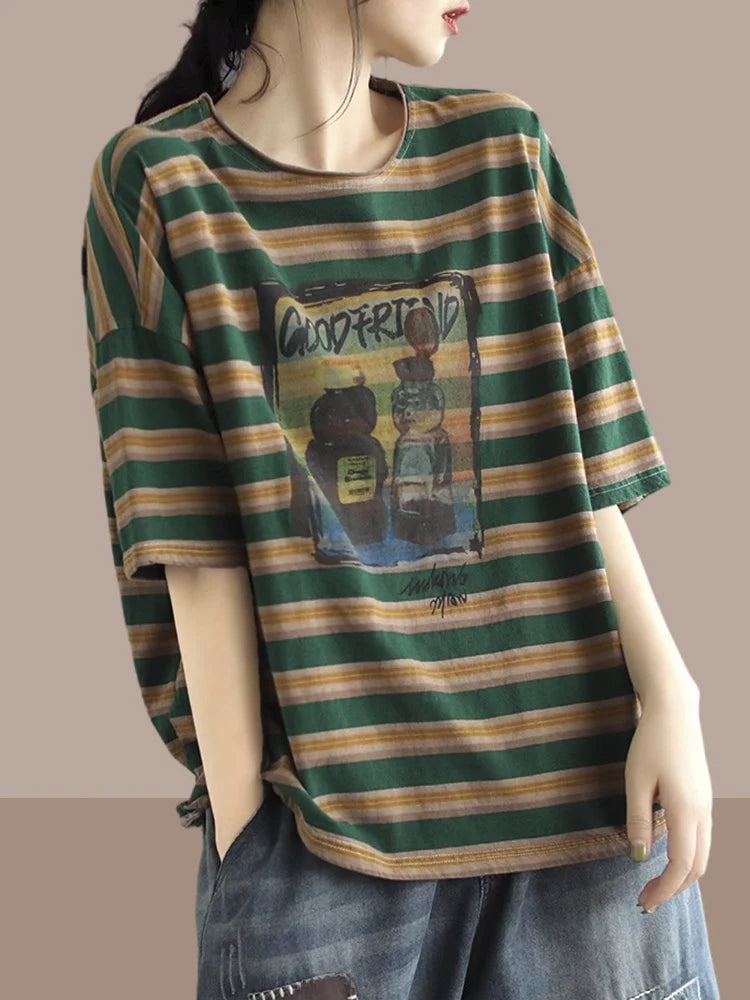 plus Size Women's Cotton T-irt ort Sve Slimming Top Summer Street Sle Printed round Ne Loose Fit Casual Wear