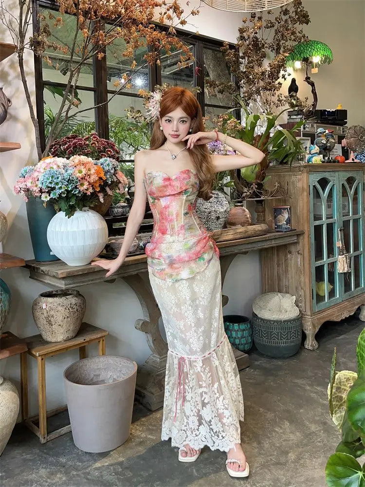 Summer Women Two Piece Set Floral Corset Top and Lace Midi Skirt Elegant Mesh Outfit Slim Fit Vintage French Style Beach Suit