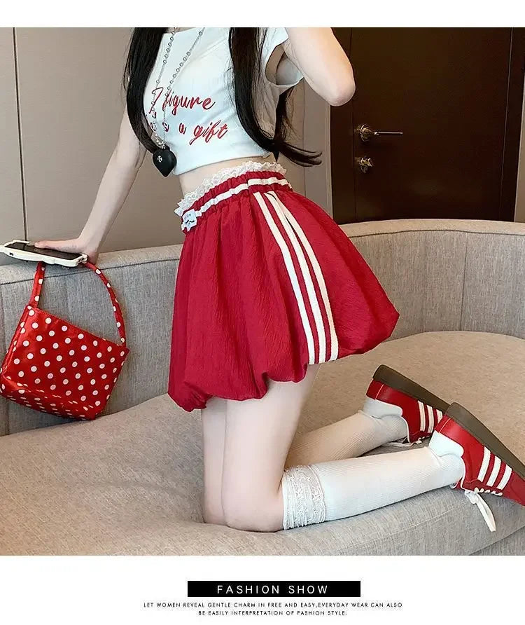 American Style Spliced Lace Stripe High Waist Half Skirt Women Summer Anti Exposure Flower Bud Puffy Short Skirt Polyester Fiber