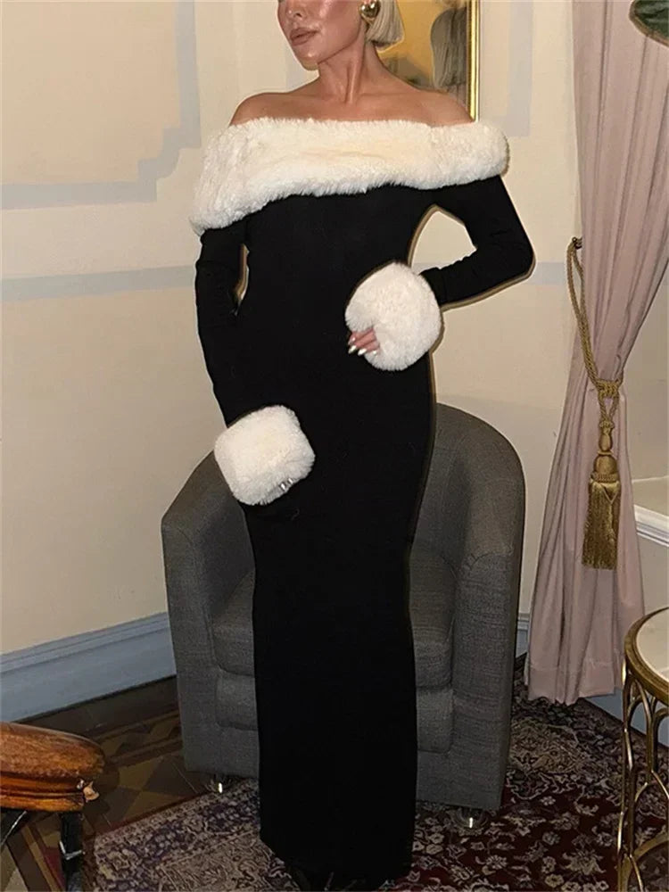 Tossy Fluffy Winter Slim Maxi Dress Female High Waist Long Sleeve Sexy Off-Shoulder Patchwork Bodycon Dress Ladies Party Dress