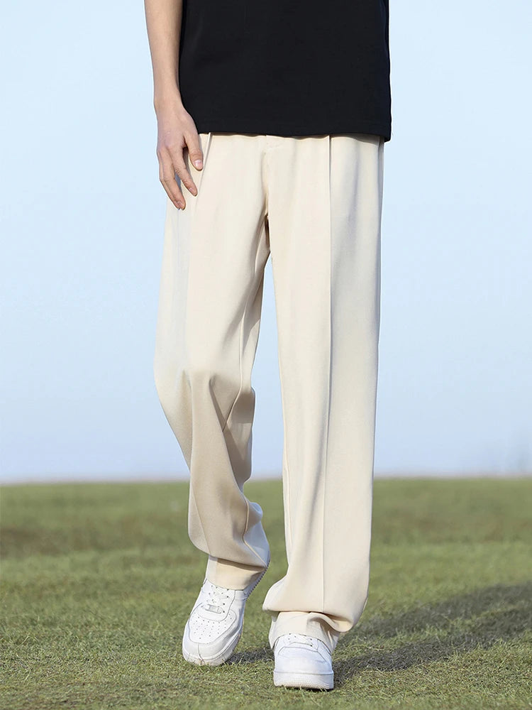 Summer Korean Men's Pants Light&Thin Polyester Elastic Waist Semi-Wide Loose Slacks Drape Suit Pants Male Casual Trousers