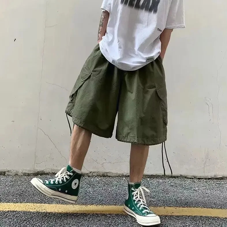 Loose Casual Men's Workwear Shorts Summer Wide Leg Drawstring Five-Quarter Pants Retro Japanese Style Outerwear Shorts