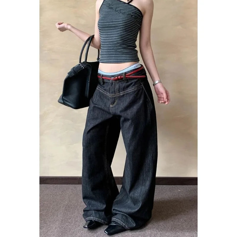 American Retro Primary Color Scimitar Jeans Women's Summer New High Street Design Loose and Thin Wide Leg Floor Pants