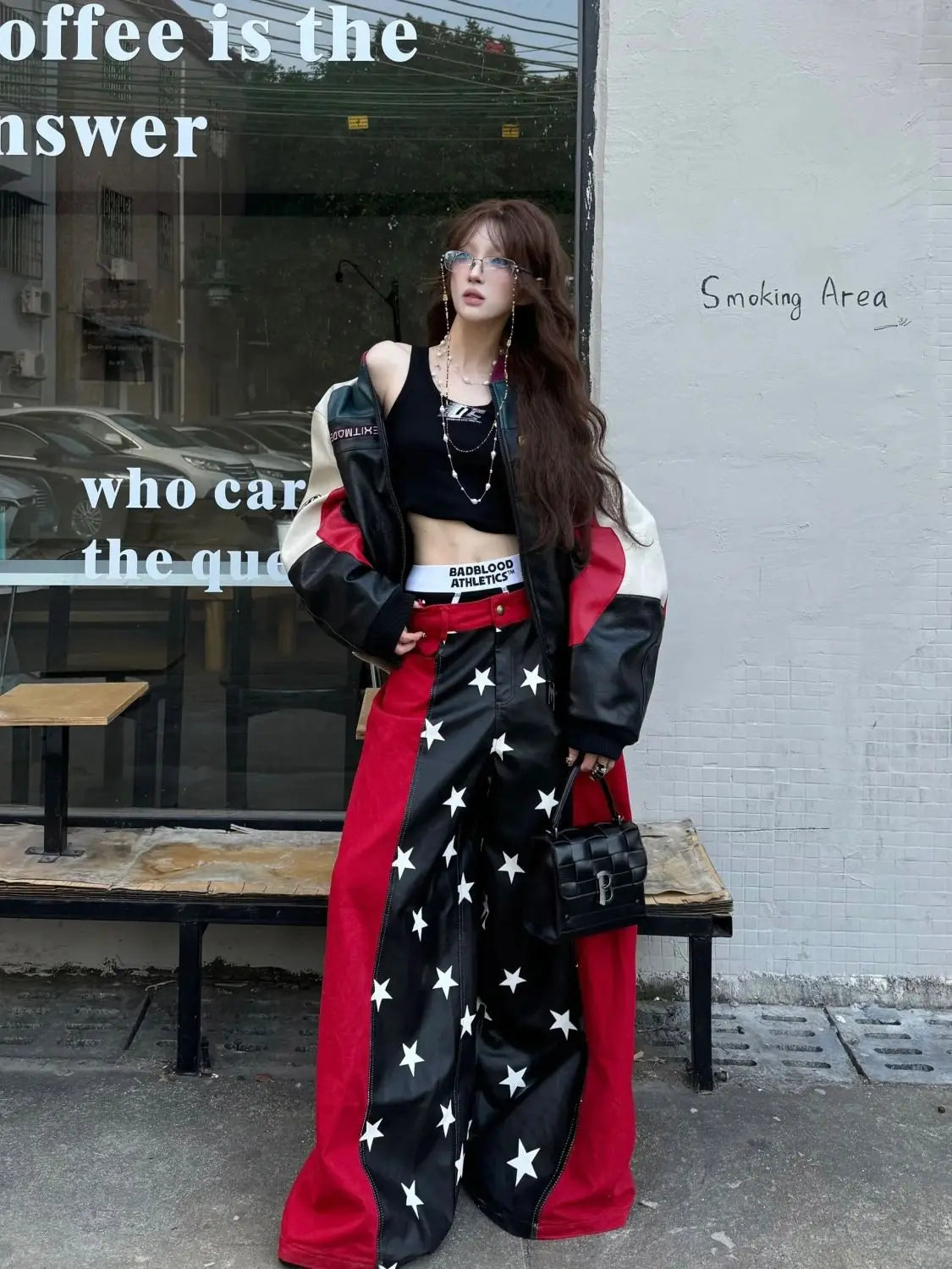 2025 Fall Winter Y2K Sweet Grunge Star Print PU Leather Patchwork Jeans Women Oversized Baggy Streetwear Wide Leg Pants