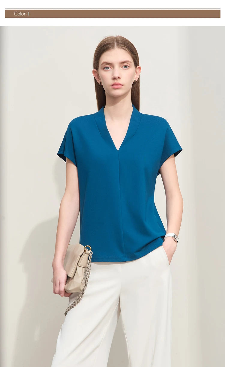 AMII Minimalism 2023 Summer Women's T-shirt Classic Style Casual V-neck Short Sleeve Solid Stretch Female Tops & Tees 12312013