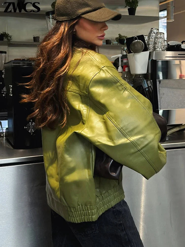 Fashion Green PU Leather Jacket Women Laple Zipper Loose Full Sleeve Single Breasted Cropped Coat 2024 New Lady Solid Streetwear