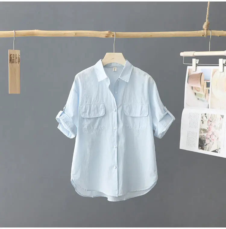 Summer Korean Style Solid Cotton Chic Women's Shirt Casual Loose All Match Office Lady Blouse Female Short Sleeve Blusas Mujer
