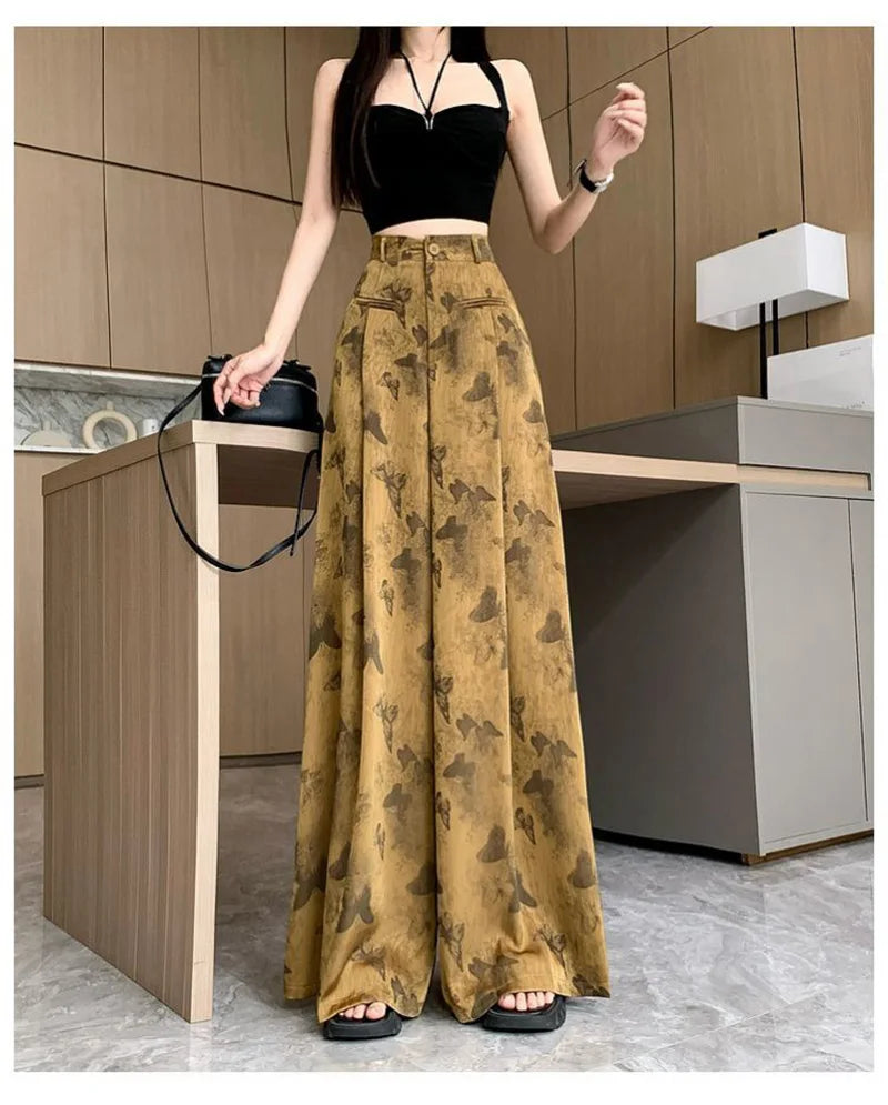 Zoki Bufferfly Print Satin Wide Leg Pant Women Loose Elegant Fashion High Waist Korean Trousers Casual Sweet High Quality Pants