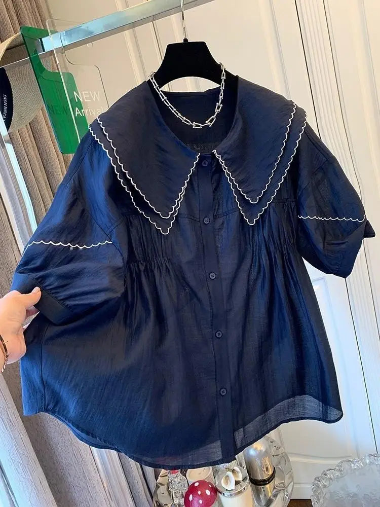 Double Peter Pan Collar Korean Loose Women tops Shirts Lantern Sleeve Shirts Summer Casual Blouse Girls New 2025
