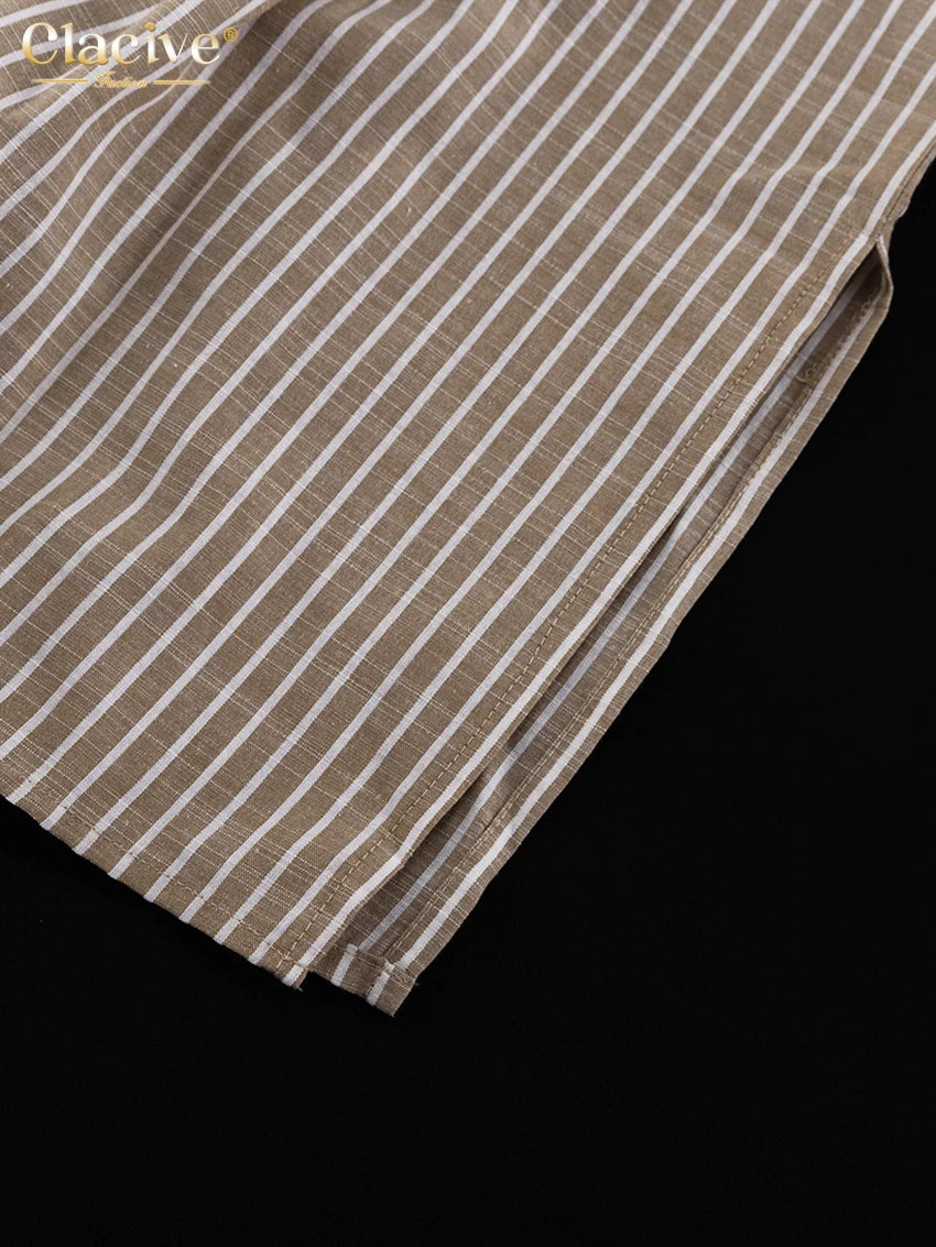 Clacive Vintage Loose Brown Stripe Women Shirts 2025 Fashion Stand Collar Long Sleeve Shirt Elegant Classic Top Female Clothing