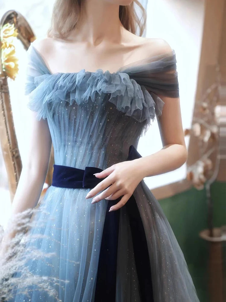 New greydish blue long sweat lady girl women princess bridesmaid banquet party prom dress gown