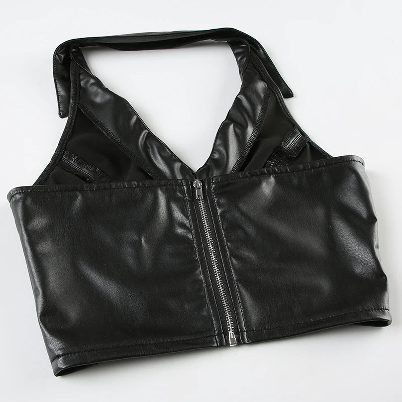 Hot Sexy Gyaru Slim Fit Leather Short Tops Women Halter Up Turn Down Collar Fashion Trendy Backless Design Tanks