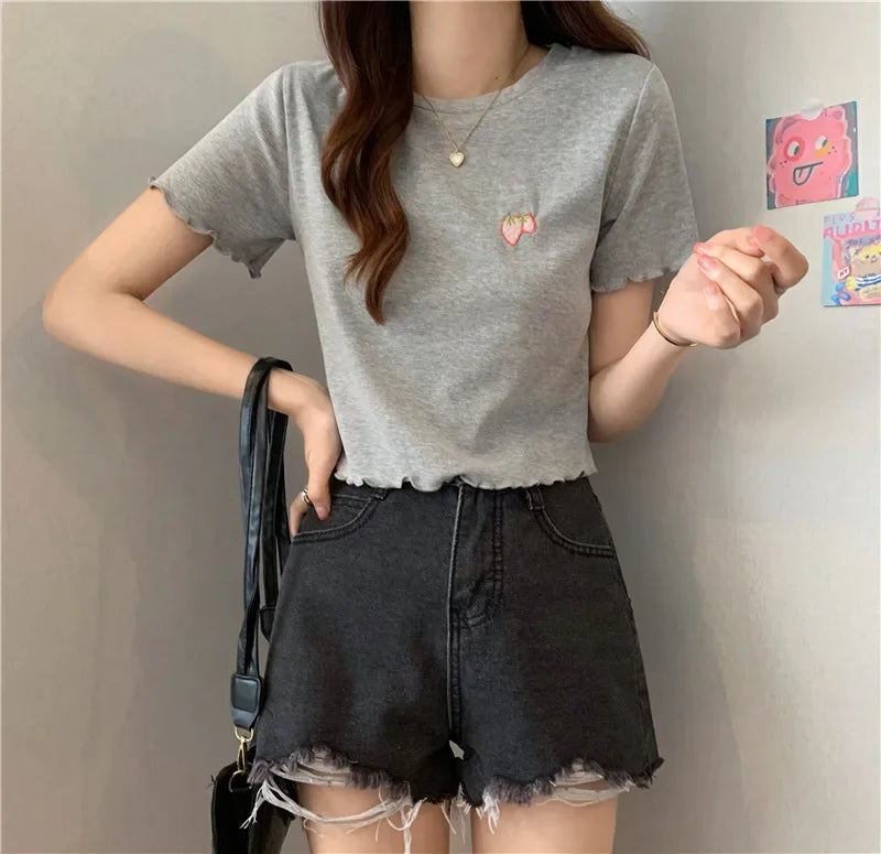 Summer Embroidered Short T-shirt Women Wooden Edge Irregular Slim Short Sleeve Top Plant Pattern Fiber Fabric Elegant Style