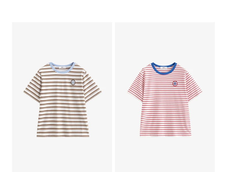 TOYOUTH Women Striped Short Sleeved T-shirt 2024 Summer New Academy Style Round Neck Top