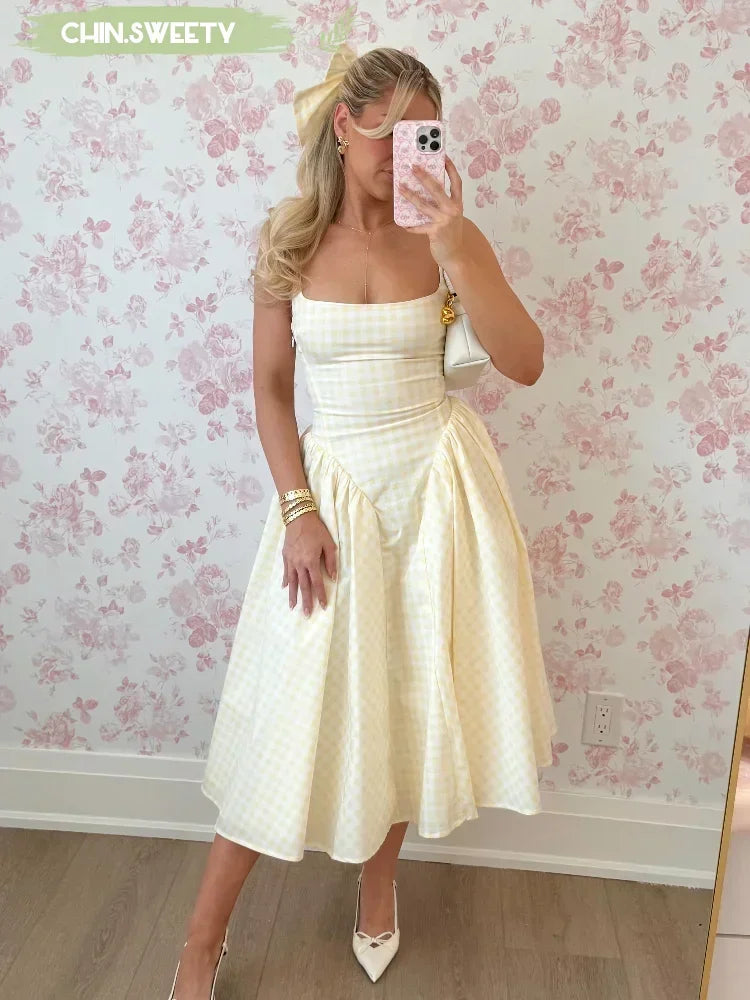 Women Fashion Plaids Pleated High Waist A-line Dress Elegant Sleeveless Backless Slim Long Dresses Summer New Party Streetwear