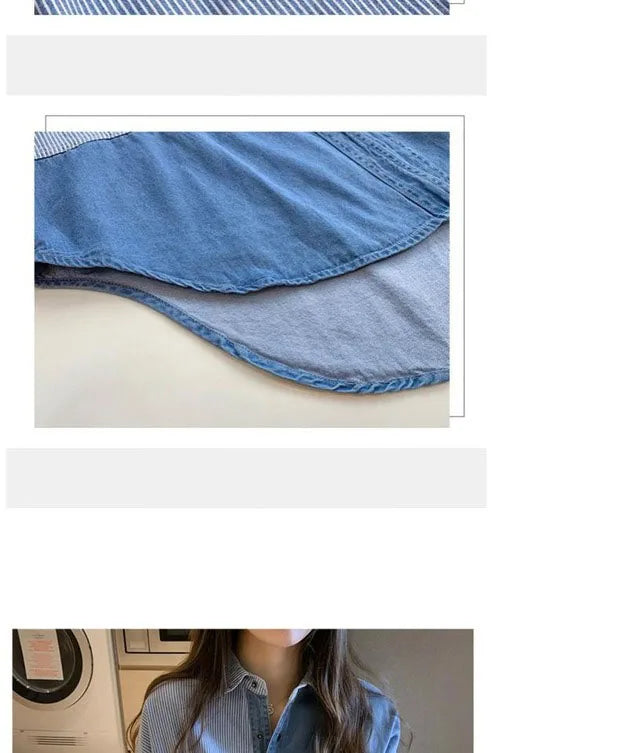 Womens' Splicing Striped Shirt Fashion Spring Autumn Versatile Thin Outerwears Korean Fashion Loose Blue Denim Jackets
