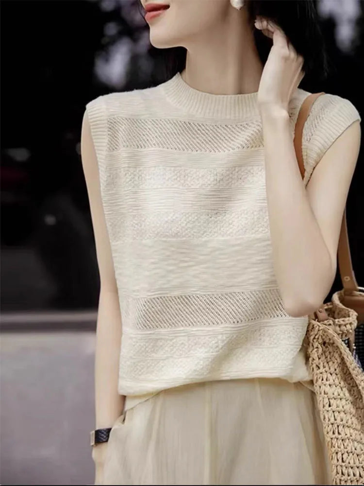 Women's Fashion Sleeveless Tees ONeckPullover Summer Worsted Wool Top Hollow Out T-Shirts Simple Elegant And Smooth Cool Comfort