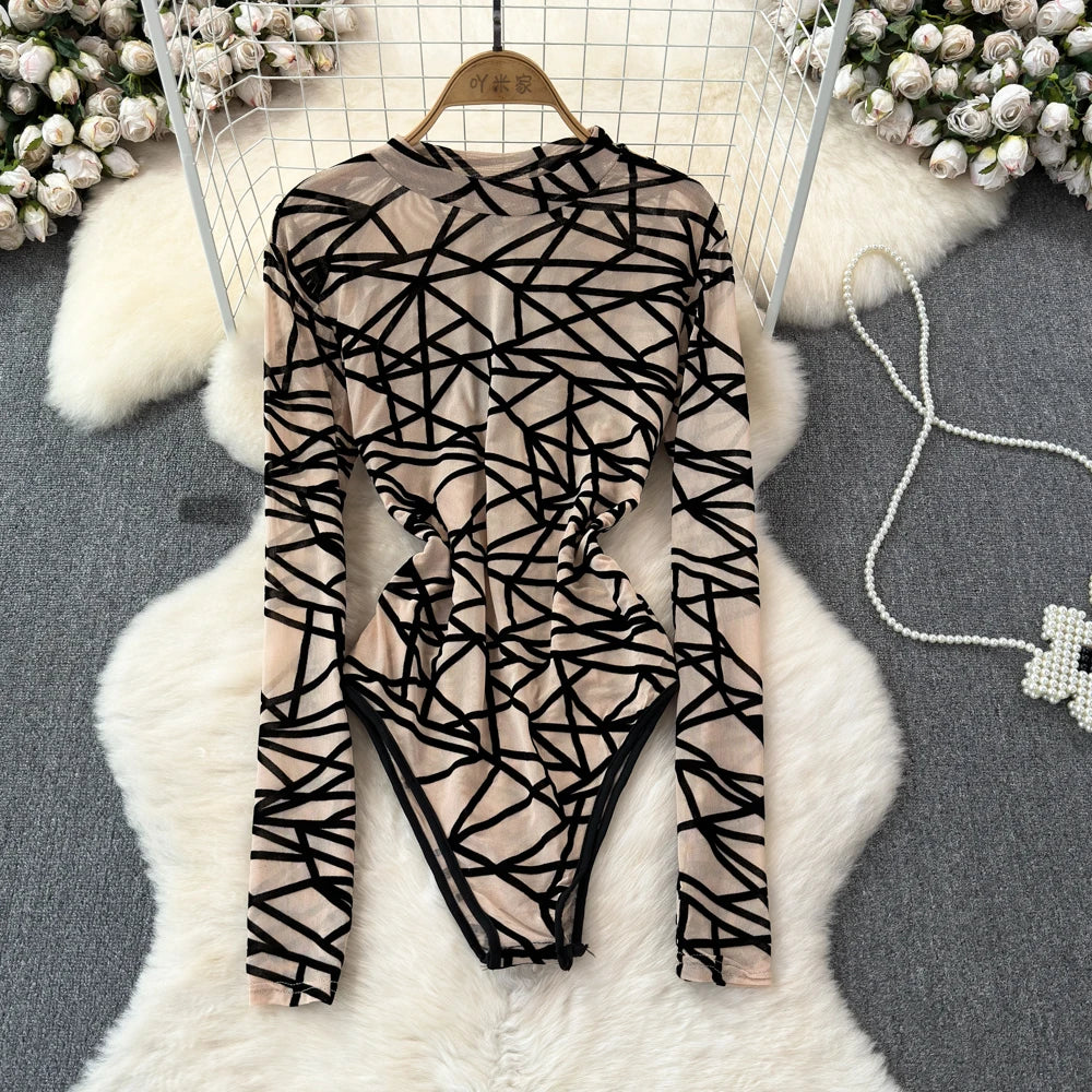Foamlina Sexy Hollow Out Mesh Bodysuits for Women Fashion Striped Print Stand Collar Long Sleeve Slim Fit Club Party Jumpsuits