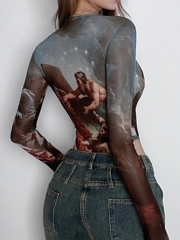 Rockmore  Vintage Printed Mesh Bodysuits Women Lace Bow Square Neck High Waist Wrapping Long Sleeve Bodysuit Halloween Christmas