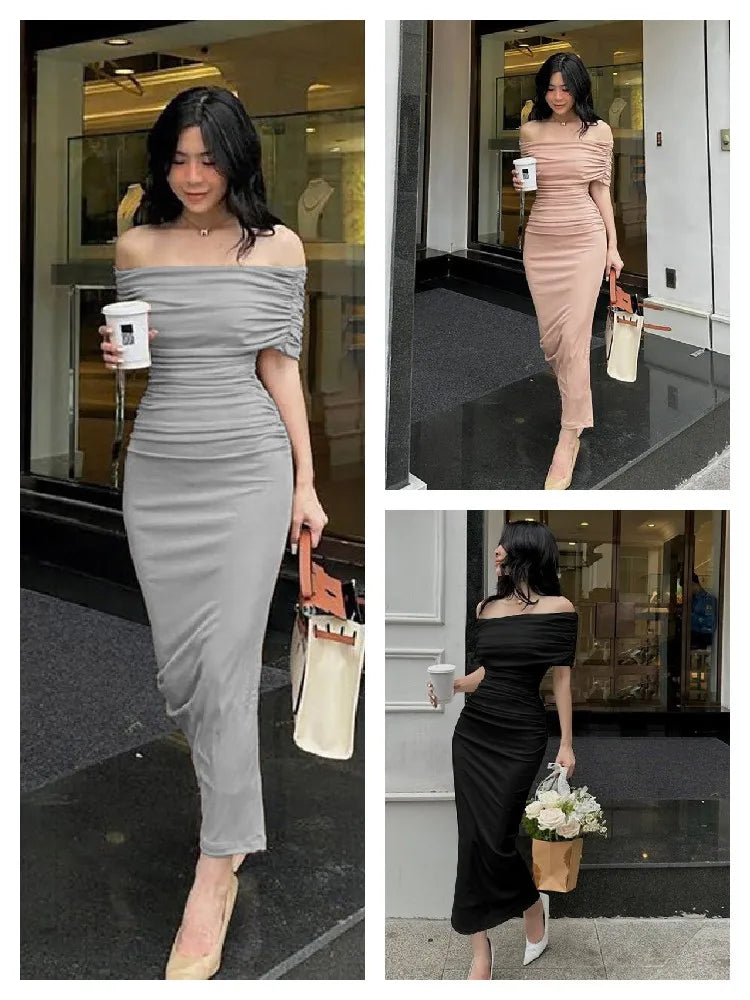 Spring European and American One Shoulder Pleated Dress Slim Fit and Slim Slim Slim Split Bottom Dress Long Dres