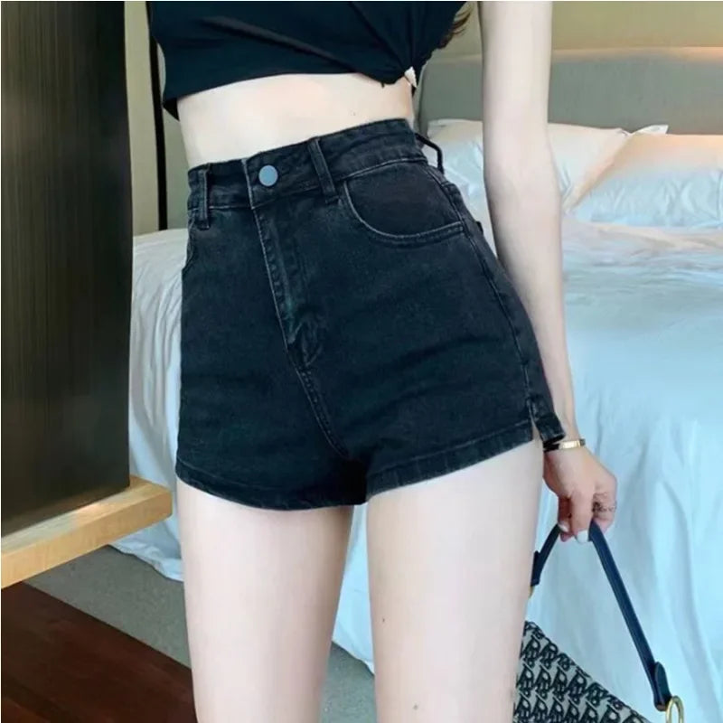 High-waisted Elastic Blue Denim Shorts Side Slot Women's Summer Korean Style Versatile Slimming Outerwear Wide Leg Heat Pants