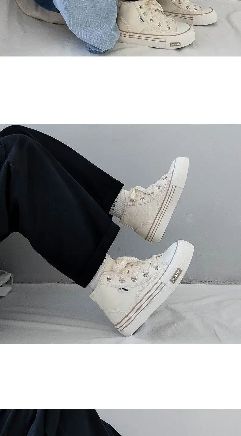 Spring 2025 Women's Canvas Sneakers High-Top Sporty Casual Shoes Student Fashion Trendy Design Synthetic Inner Rubber Sole