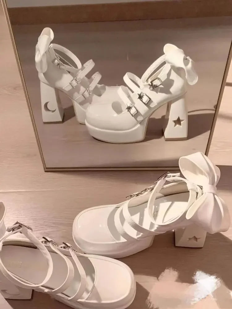 Mary's Spring New Women's Fashionable Thick Heel Bow Hollow Out Line Toe Flats Summer Season Flat Heel Women's Shoes