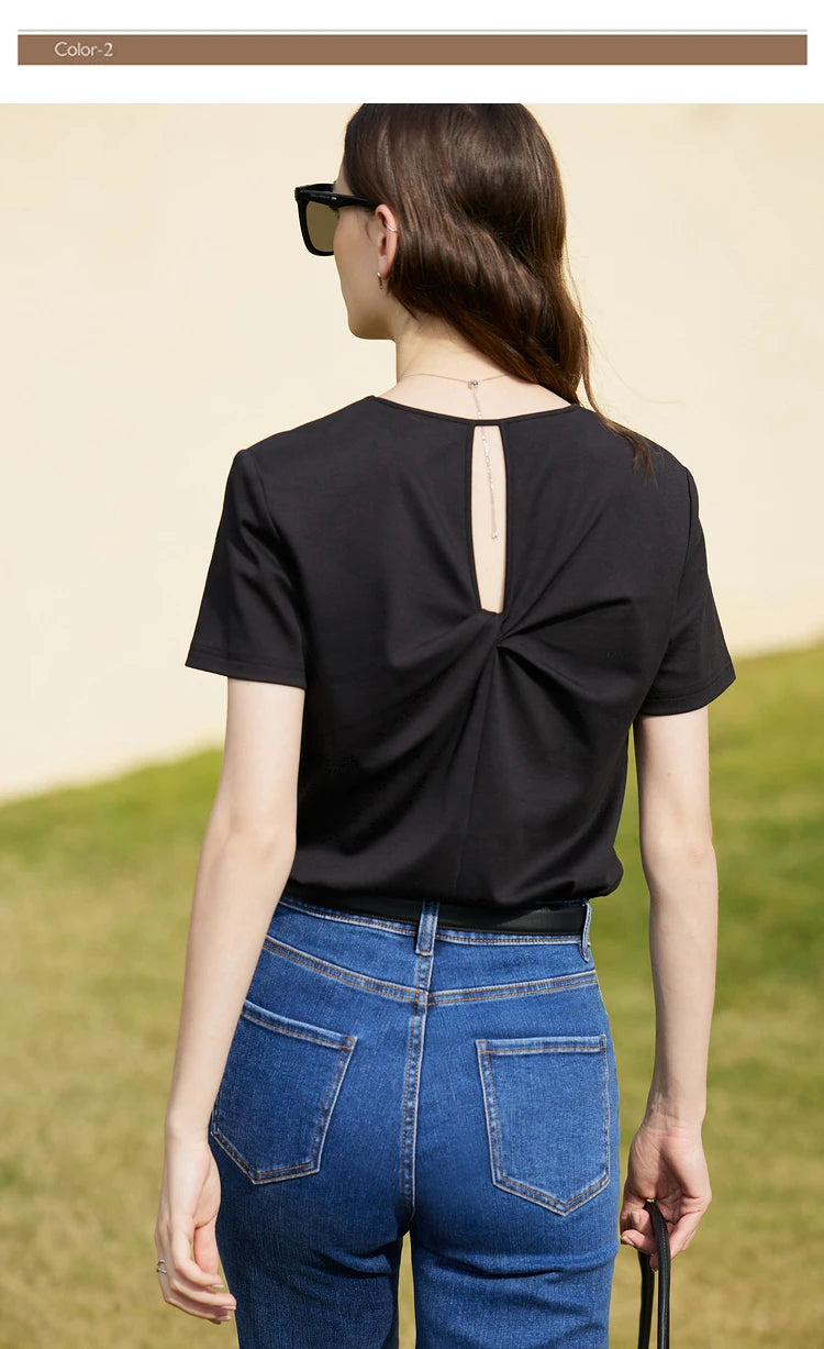 AMII Minimalism 100% Cotton Hollow Out Solid Short Sleeves Tees 2025 Spring New V Neck Top Women Casual Female T Shirt 12342289