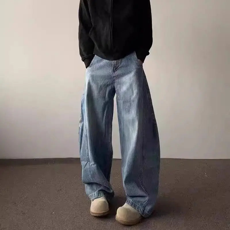 High street American men and women trendy hip-hop washed curved knife jeans for couples loose retro wide leg casual pants y2k