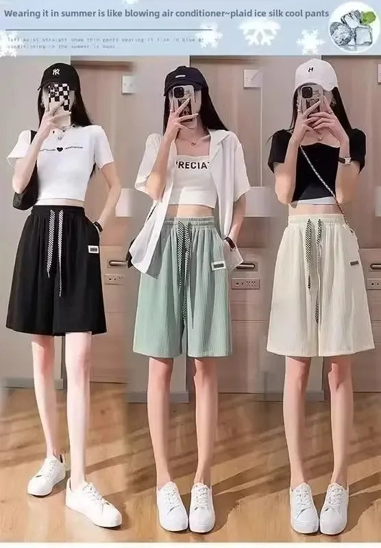 2024 Summer New Men's Women's Hong Kong Style Simple Basic Straight-Leg Casual Ice Silk Draped Shorts