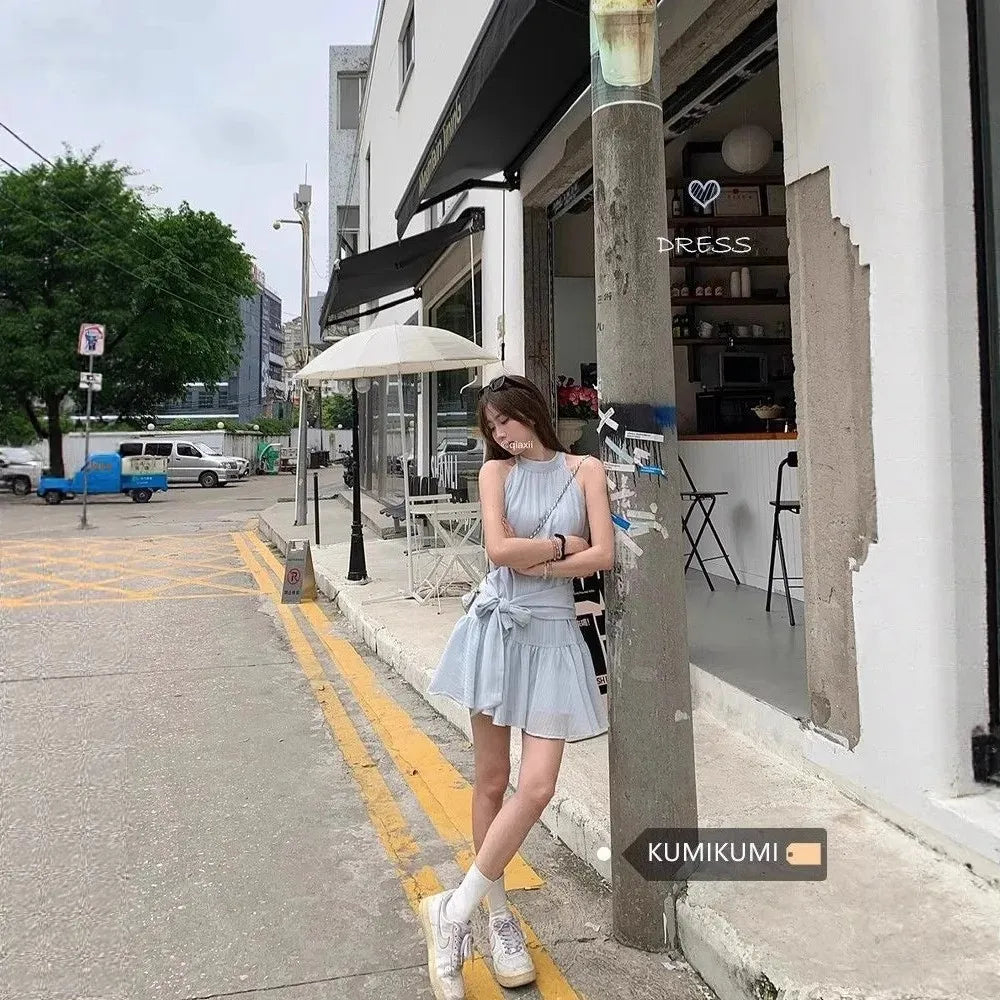 French Style Off-Shoulder Blue Summer Dress Women's Fashion Knot Waist A- Line Mini Skirt Black Short Skirt Sleeveless Gown