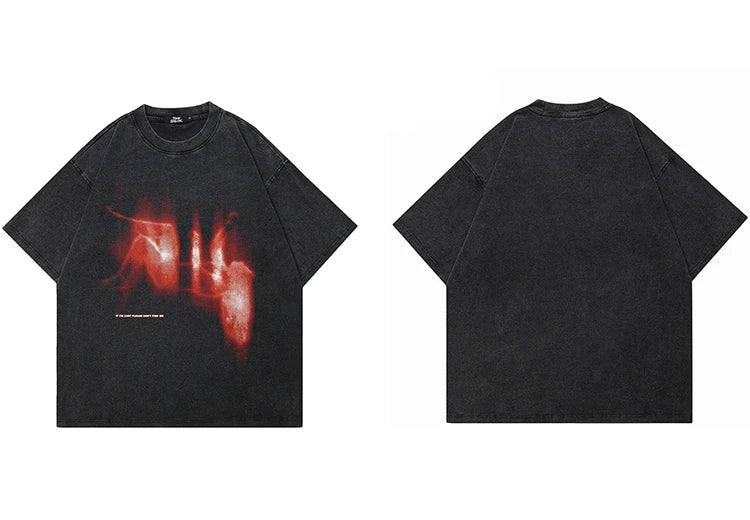 Hip Hop Streetwear 2025 Men T-Shirt Oversized Lost Shadow Vintage Graphic T Shirt Washed Black Tshirt Cotton Unisex Tops Tees
