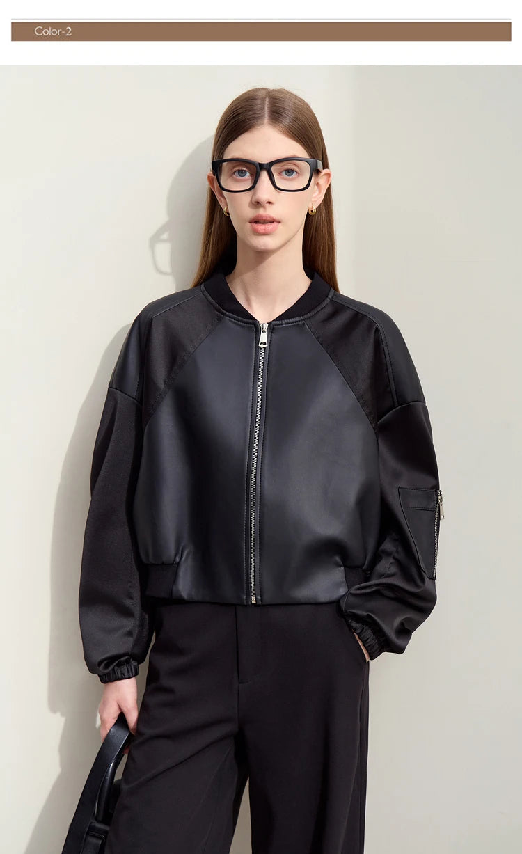 Amii Minimalism PU Leather for Women 2024 Autumn New Casual Handsome Baseball Collar Zipper Short Retro Female Jacket 12423080