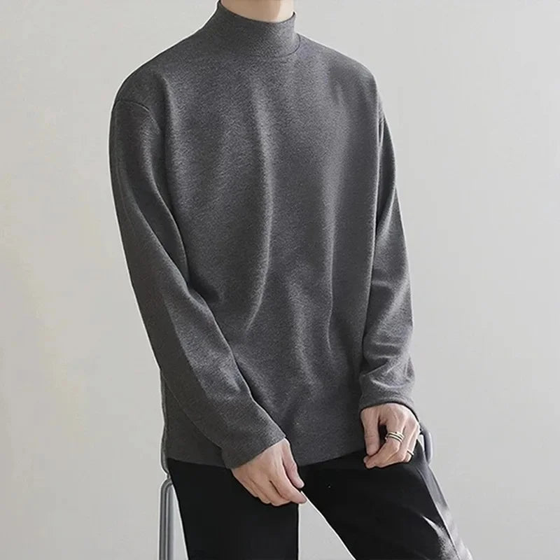 Men's Versatile Warm Flannel Double-Sided Inner Layer Top Half Polo/Turtle Neck Solid Color Long Sleeve Casual Spring Autumn