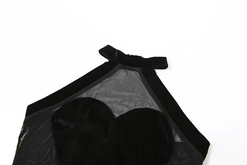 Goth Dark Mesh See Through Gothic Women Sexy Bodysuits Y2k Heart Velvet Sleeveless Halter Tops Grunge Backless Bodycon Bodysuit