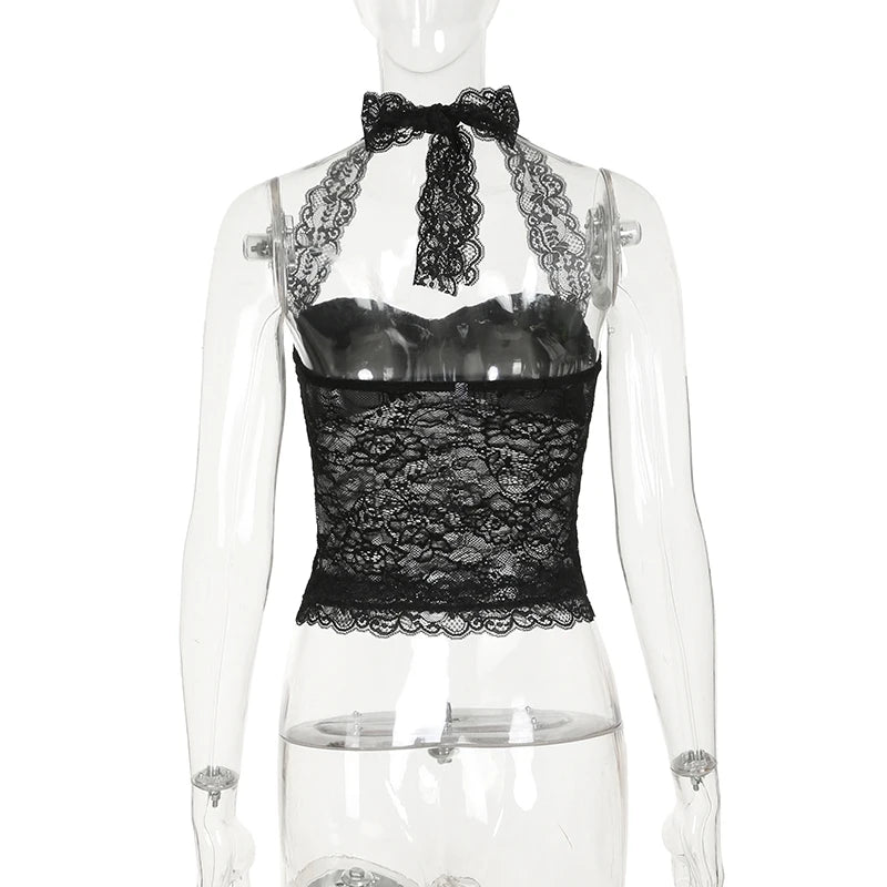 Cuteandpsycho Sexy Lace Patchwork Y2K Camisoles Backless Transparent Slim Outfits Party 90s Vintage Clubwear Halter Neck Tops