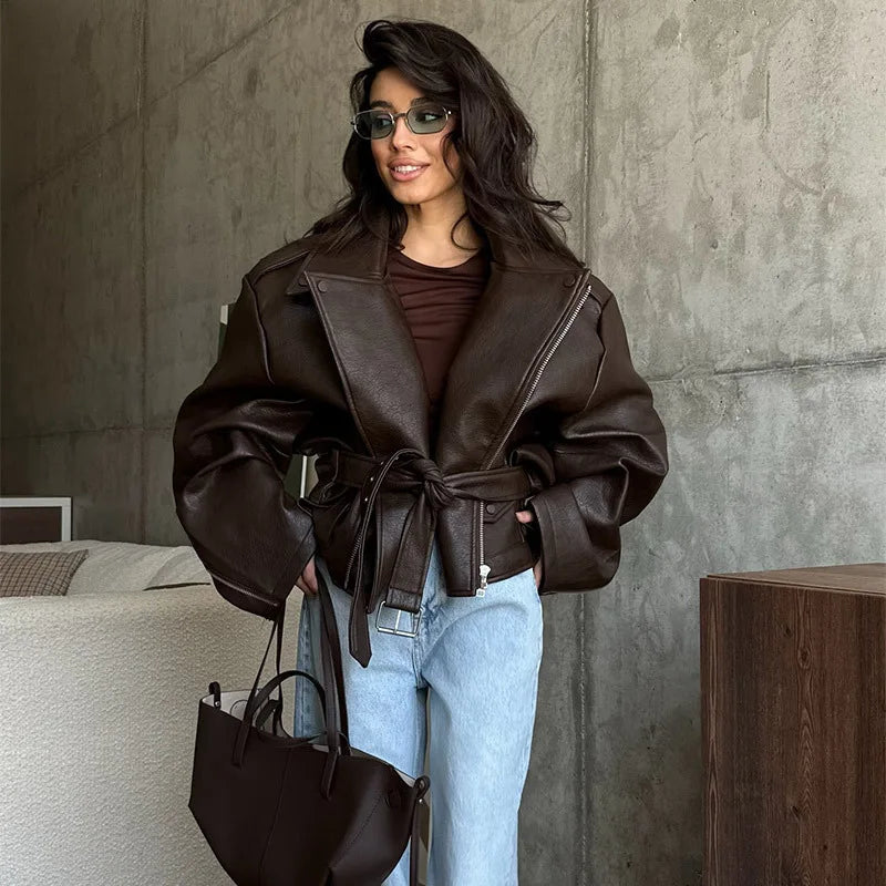 With Belt Leather Jacket Coat Lace Up Waist Cinched Suit Collar Slimming Zipper Biker Jackets Outwear Women Overcoat Streetwear