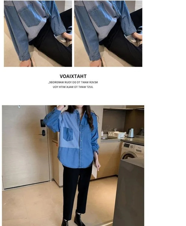 Womens' Splicing Striped Shirt Fashion Spring Autumn Versatile Thin Outerwears Korean Fashion Loose Blue Denim Jackets