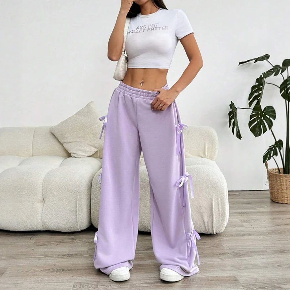 Mia Muse Women's Summer Pants 2025 Sporty Plain Bowknot Full Length High Waist Wide Leg Daily Basic Pants