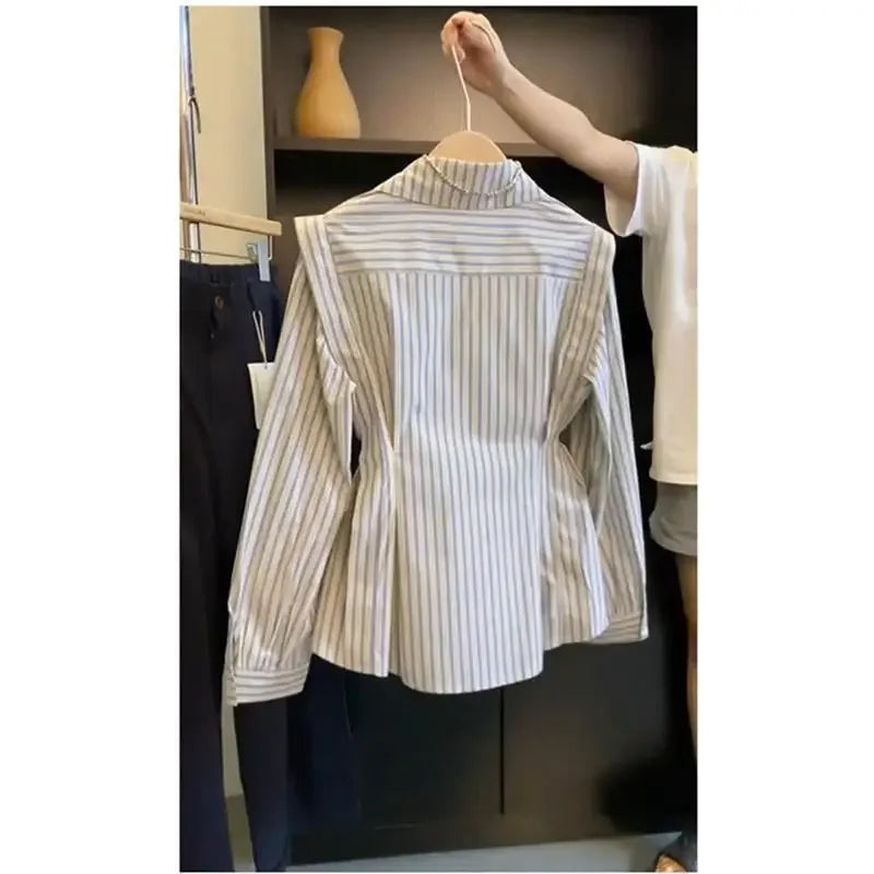 Elegant Slim Fit Long Sleeve Striped Shirt Design Spring Autumn Women Fashionable Waist Cinching Button up Casual Shirt