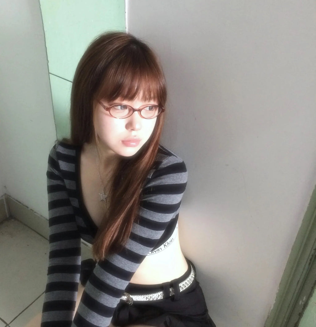 Karrram Trashy Y2k Crop Top Japanese 2000s Style Striped Long Sleeved T-shirt Vintage Harajuku High Street Tops American Retro
