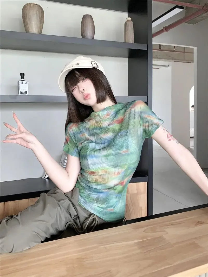 Turtleneck Woman Tops Tie DyeT Shirt for Women Japanese Vintage Fashion Korean Reviews Many Clothes Harajuku Clearance Basic