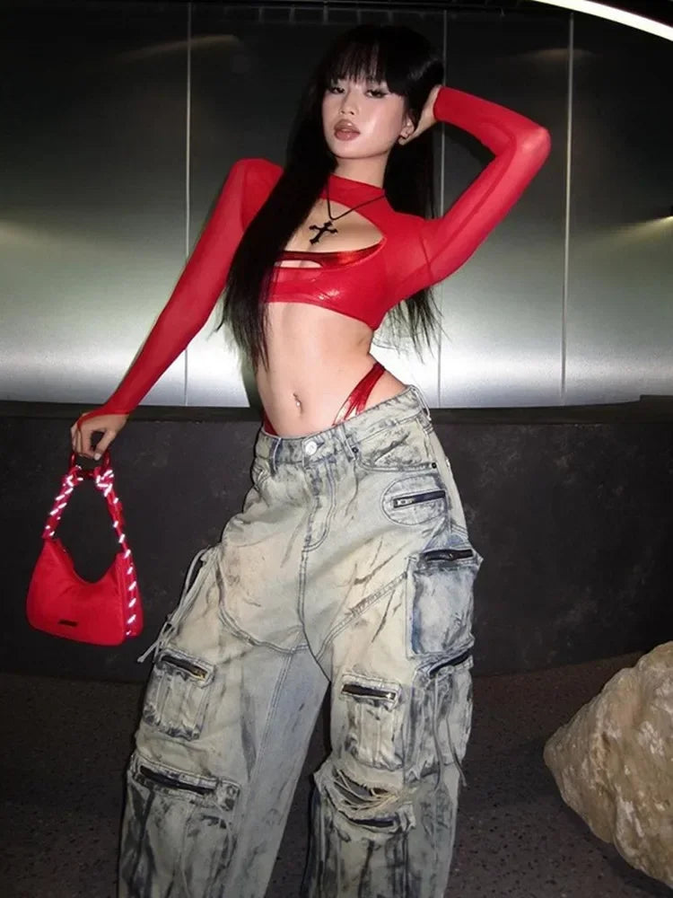 See Through Y2k Clothes Hollow Out Mesh Crop Top Skinny Camisole Mini Ropa De Mujer Rave Outfits 2 Pcs Set T Shirts For Women