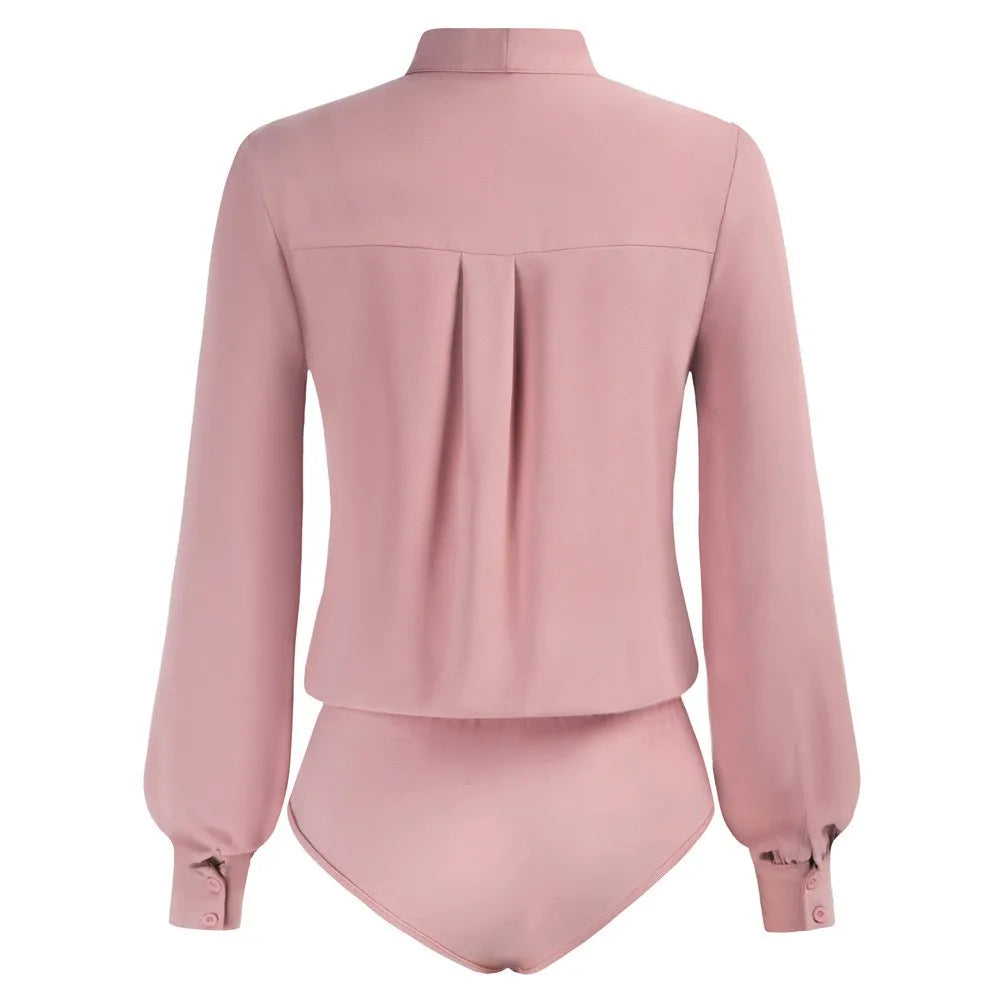 KK Women Bow-Knot Bodysuit Long Sleeve Elastic Waist Shirt Teddy Autumn And Winter Solid Streetwear Office Lady Elegant Jumpsuit