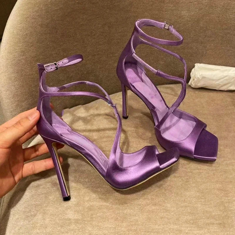 Sexy Luxury Satin High Heels Women Designer Party Dress Shoes Square Head Gladiator Sandals Female Slingback Sandals Women Pumps